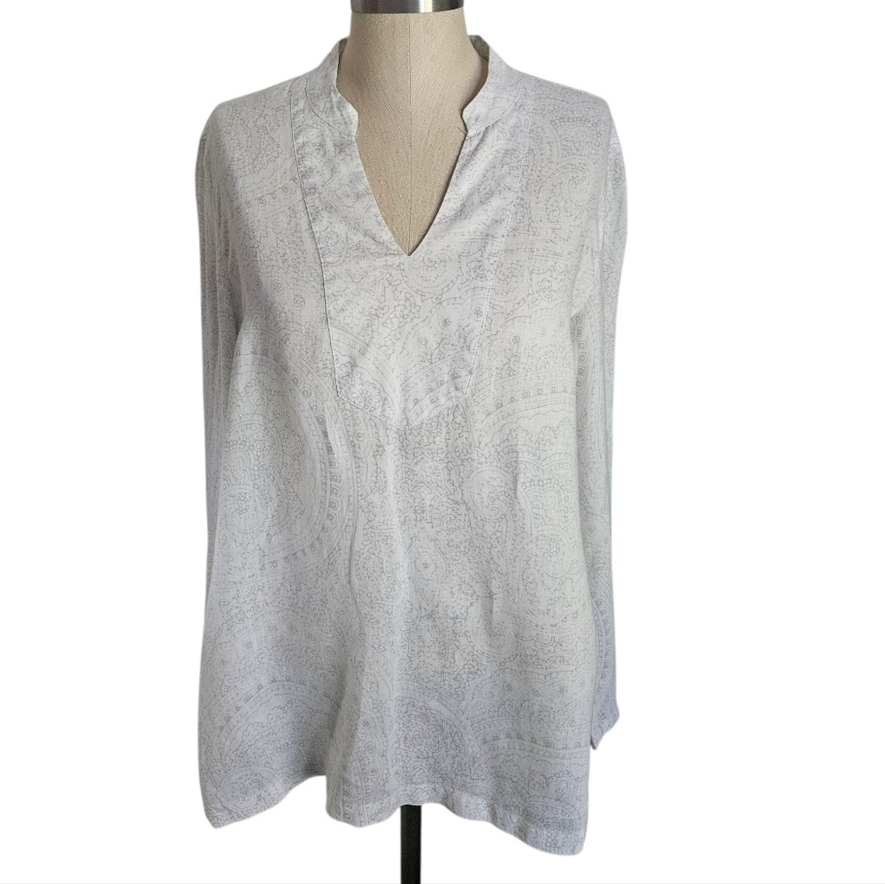 SIGRID OLSEN Medallion Pattern Split Neck Linen Tunic | SZ M